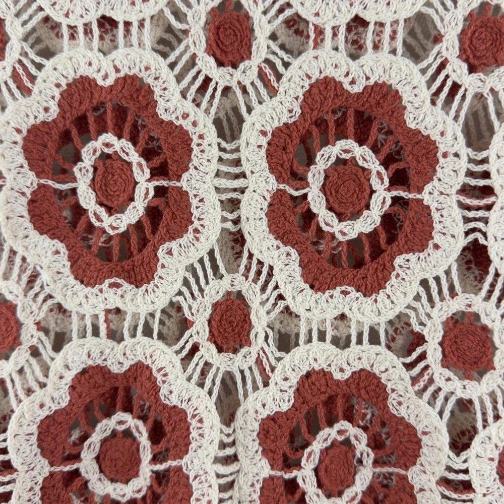 Adiva Crochet Knit Floral Sweater Rust Orange Cream Boho Long Sleeve Top Small